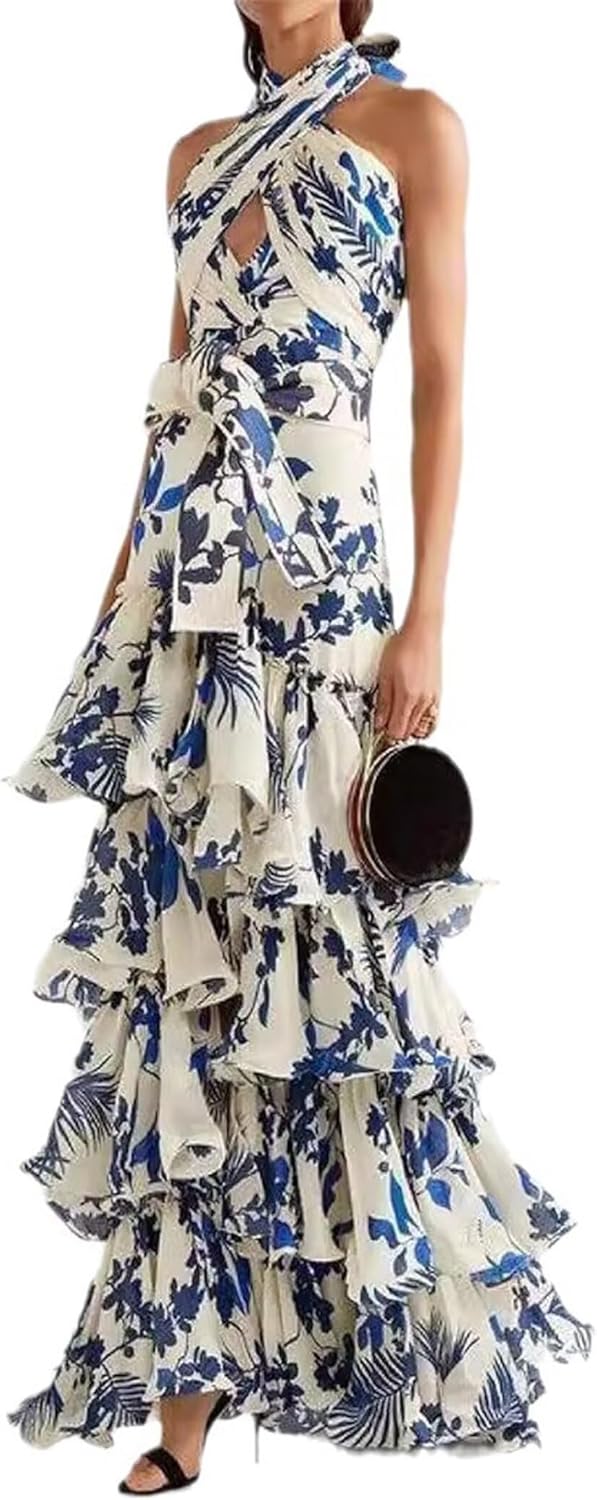 2024 Women's Summer Criss Cross Halterneck Sleeveless Summer Floral Print Flowy A Line Maxi Dress