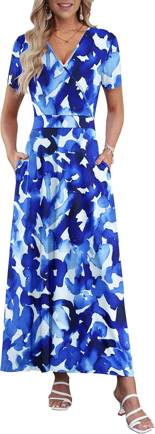 AUSELILY Maxi Dresses for Women Ankle Length Floral Print Beach Long Flowy Dress with Pockets