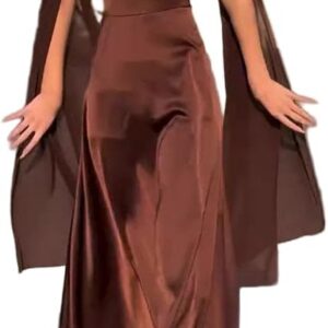 BabynBeauty Women's Maxi Dress, Round Neck, Regular Fit, Brown Black, XS-XL, Wedding Daily Wear, Polyester, Plain, A-Line, Belted