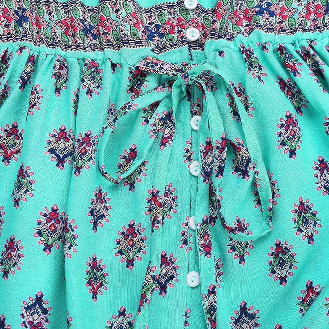 BU2H Women's Bohemian Print Drawstring Long Sleeve Beach Maxi Dress Green US XS - Image 3