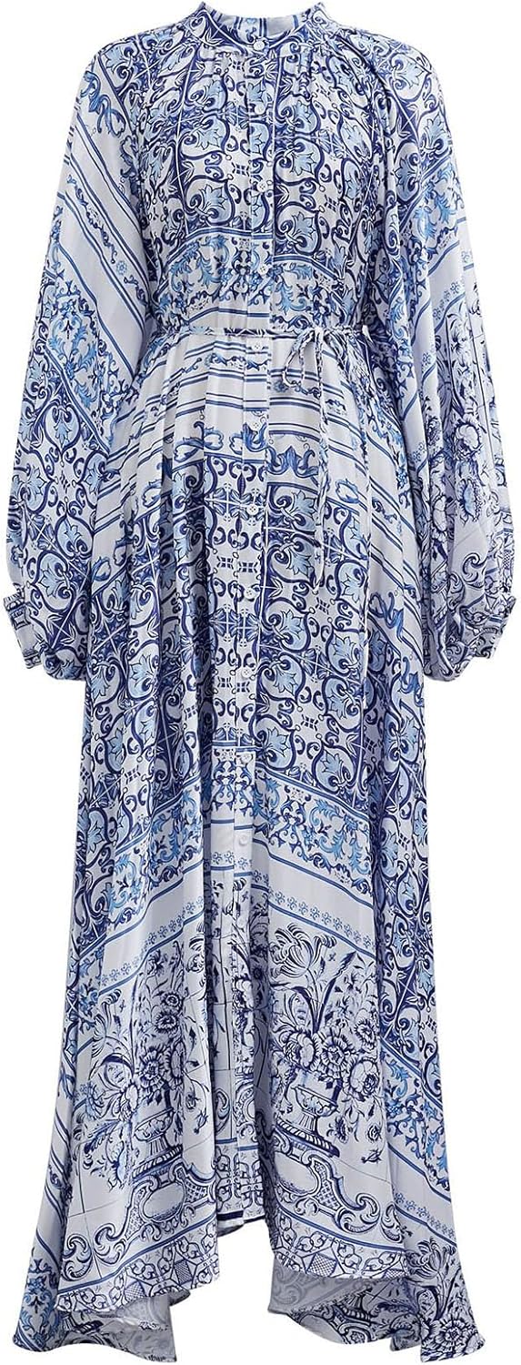CHICWISH Women Blue Printed Full Pleated Maxi Dress Long Bubble Sleeves Button High Waist Summer Beach Long Dress with Belt
