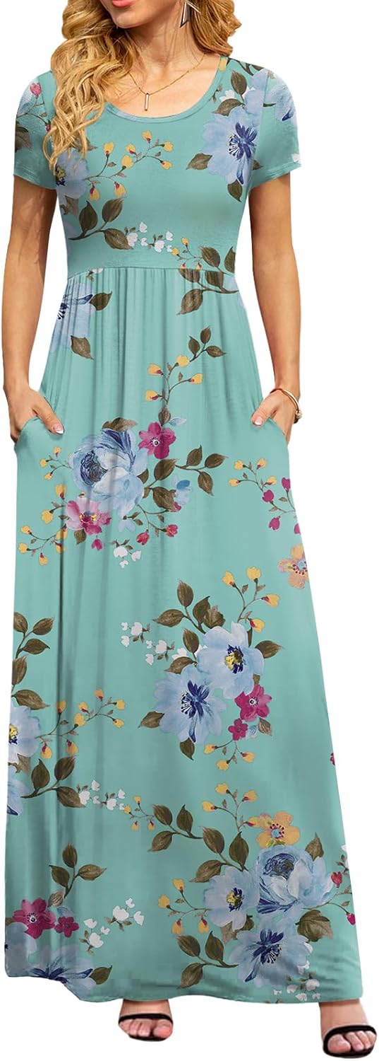 DB MOON Womens 2025 Summer Maxi Dresses Casual Short Sleeve Empire Waist Spring Long Dress with Pockets - Image 2