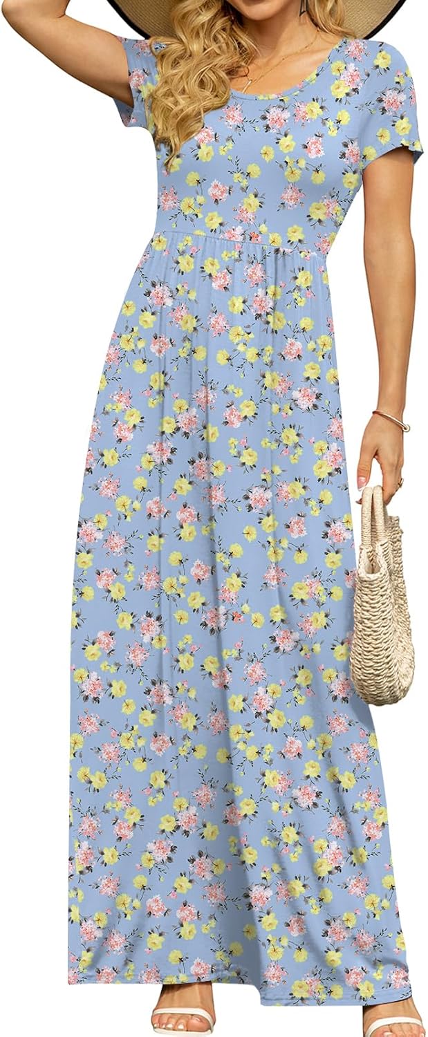 DB MOON Womens 2025 Summer Maxi Dresses Casual Short Sleeve Empire Waist Spring Long Dress with Pockets - Image 27