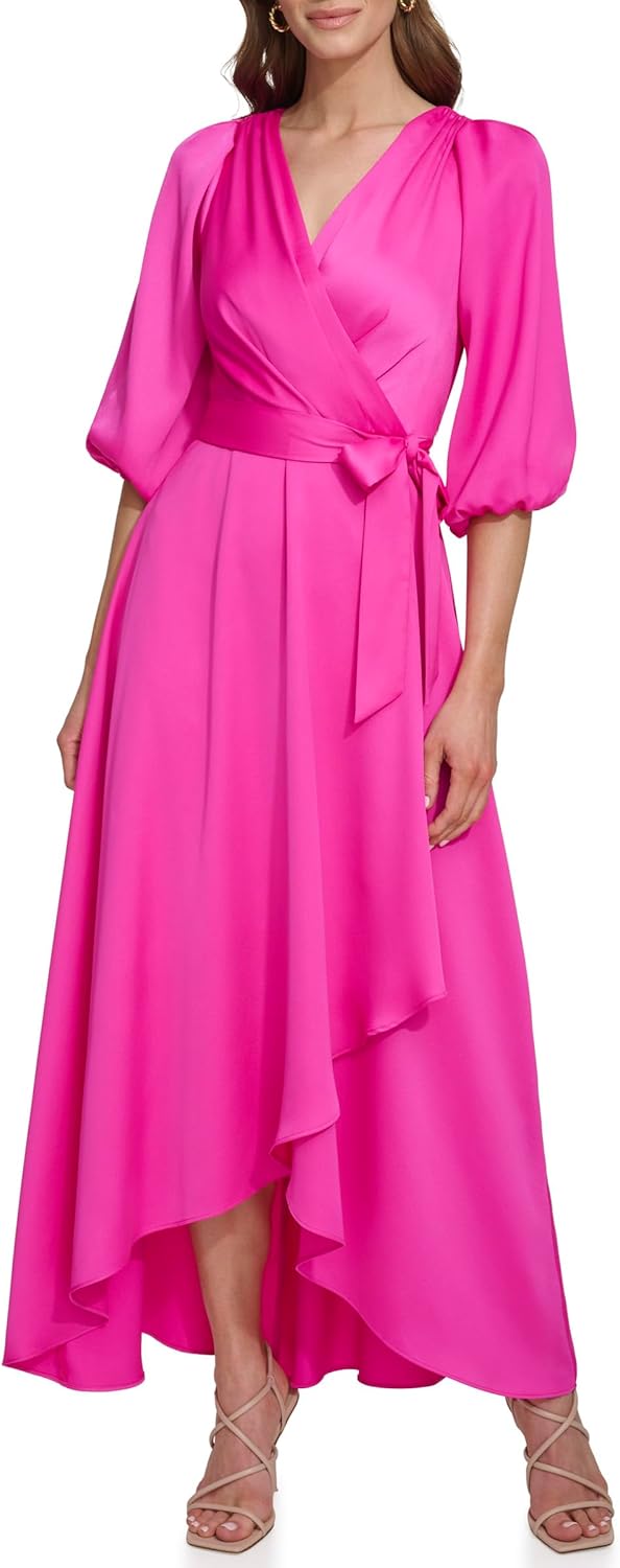 DKNY Women's Balloon Sleeve Satin Faux Wrap Maxi Dress - Image 8