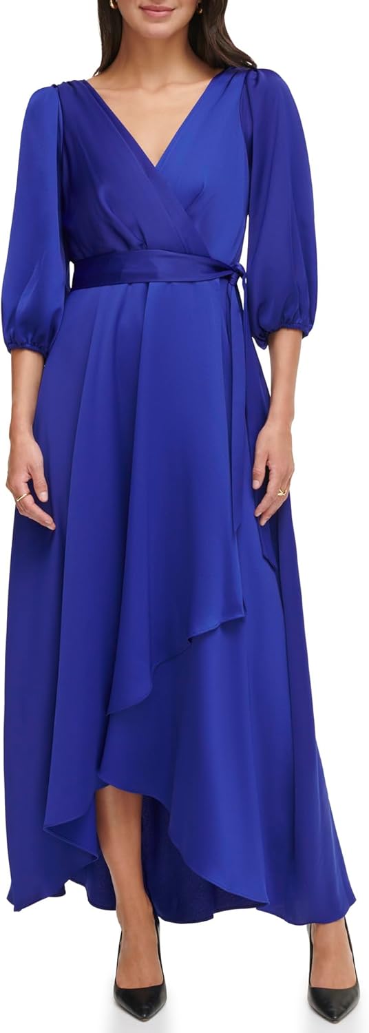 DKNY Women's Balloon Sleeve Satin Faux Wrap Maxi Dress - Image 7
