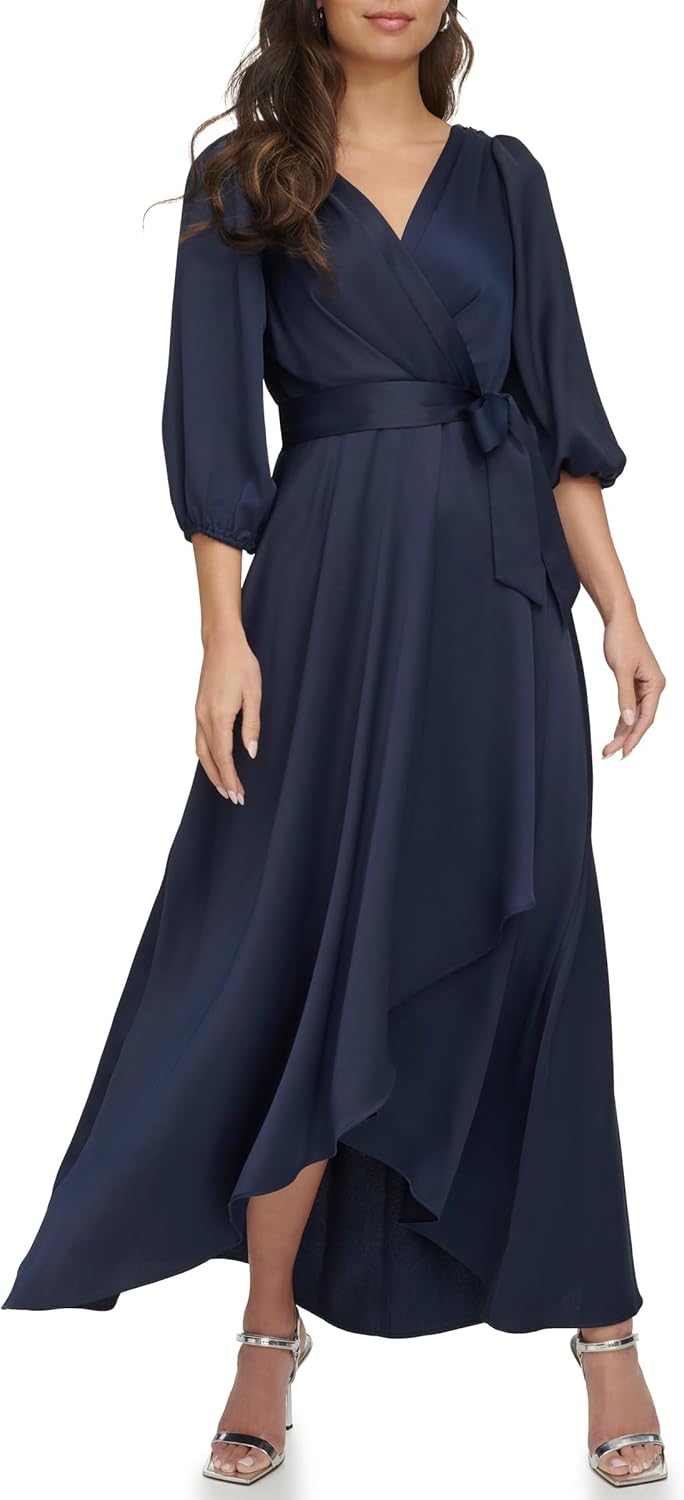 DKNY Women's Balloon Sleeve Satin Faux Wrap Maxi Dress - Image 2