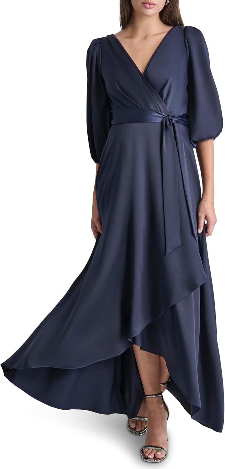 DKNY Women's Balloon Sleeve Satin Faux Wrap Maxi Dress - Image 6