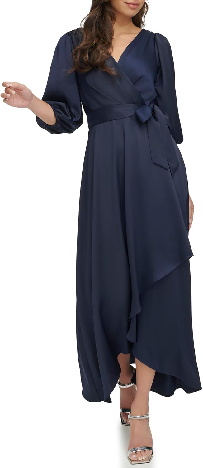 DKNY Women's Balloon Sleeve Satin Faux Wrap Maxi Dress