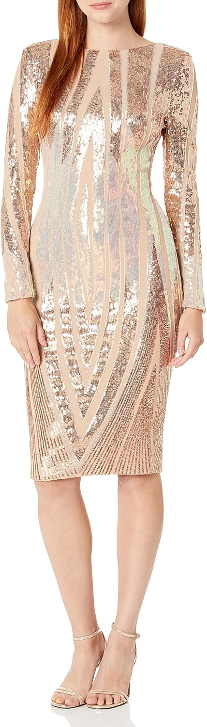 Dress the Population Women's Emery Long Sleeve Stretch Sequin Midi Sheath - Image 7
