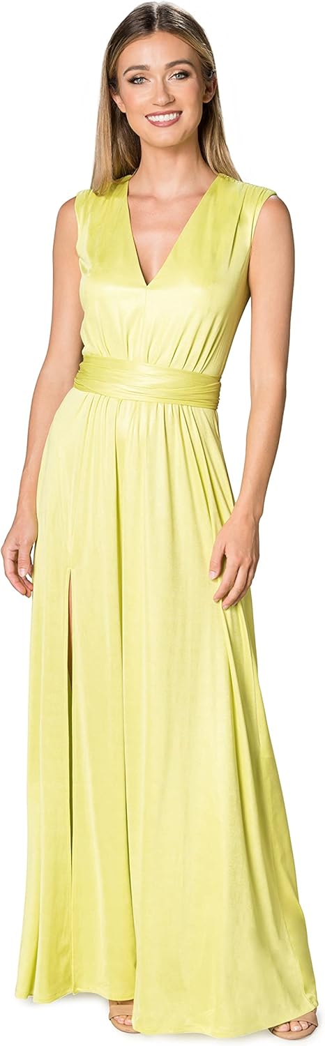 DRESS THE POPULATION Women's Krista V Neck Tie Waist Coated Jersey Slit Front Maxi Dress - Image 5