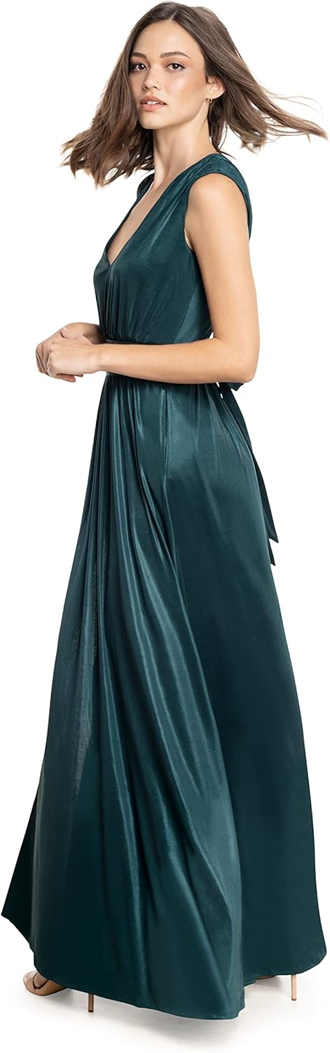 DRESS THE POPULATION Women's Krista V Neck Tie Waist Coated Jersey Slit Front Maxi Dress - Image 2