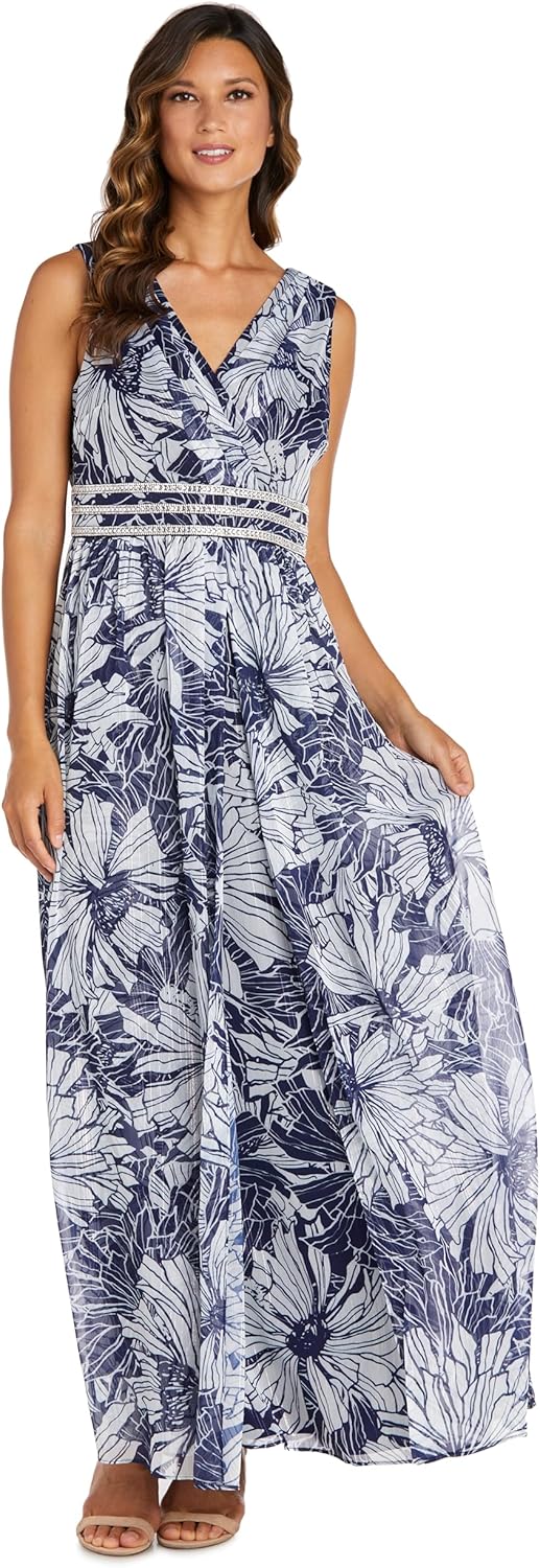 Floral Chiffon Maxi Dress W\/Rhinestone Waistband