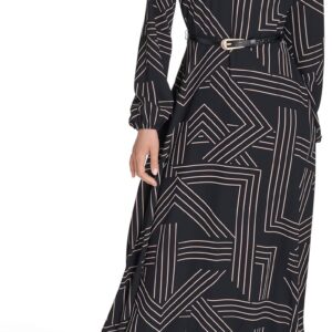 H HALSTON Women's Long Bishop Sleeve Mock Neck Maxi Dress