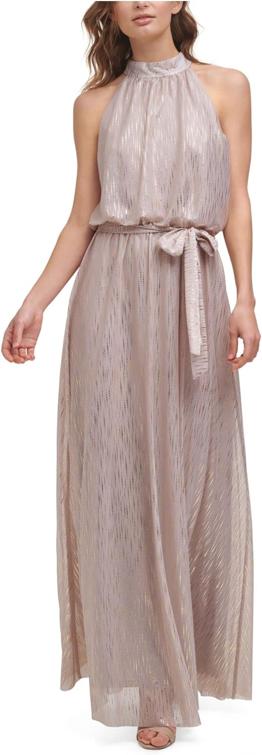 Jessica Howard Women's Sleeveless Halter Maxi Blouson Dress with Tie Sash and Stand Collar