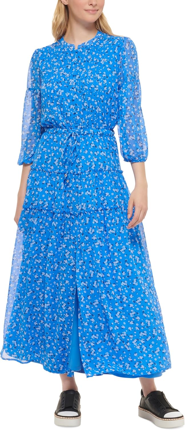 KARL LAGERFELD Paris Tiered Floral Print Maxi Dress Blue Multi 10