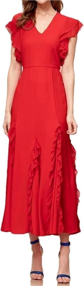 KswyyuwxgqI Women's V-Neck Ruffled Dresses Solid Color High Waist Short Sleeve Lightweight Summer Maxi Dress