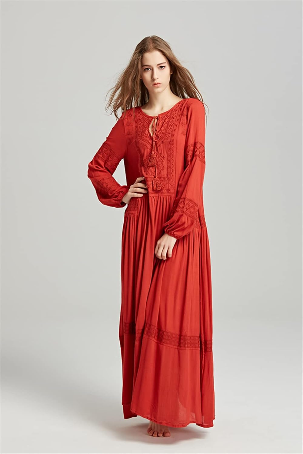 Ladies Long Sleeve Maxi Dress Tunic Embroidery V Neck Tassel Maxi Dress Casual Loose Bohemiann Dress - Image 5