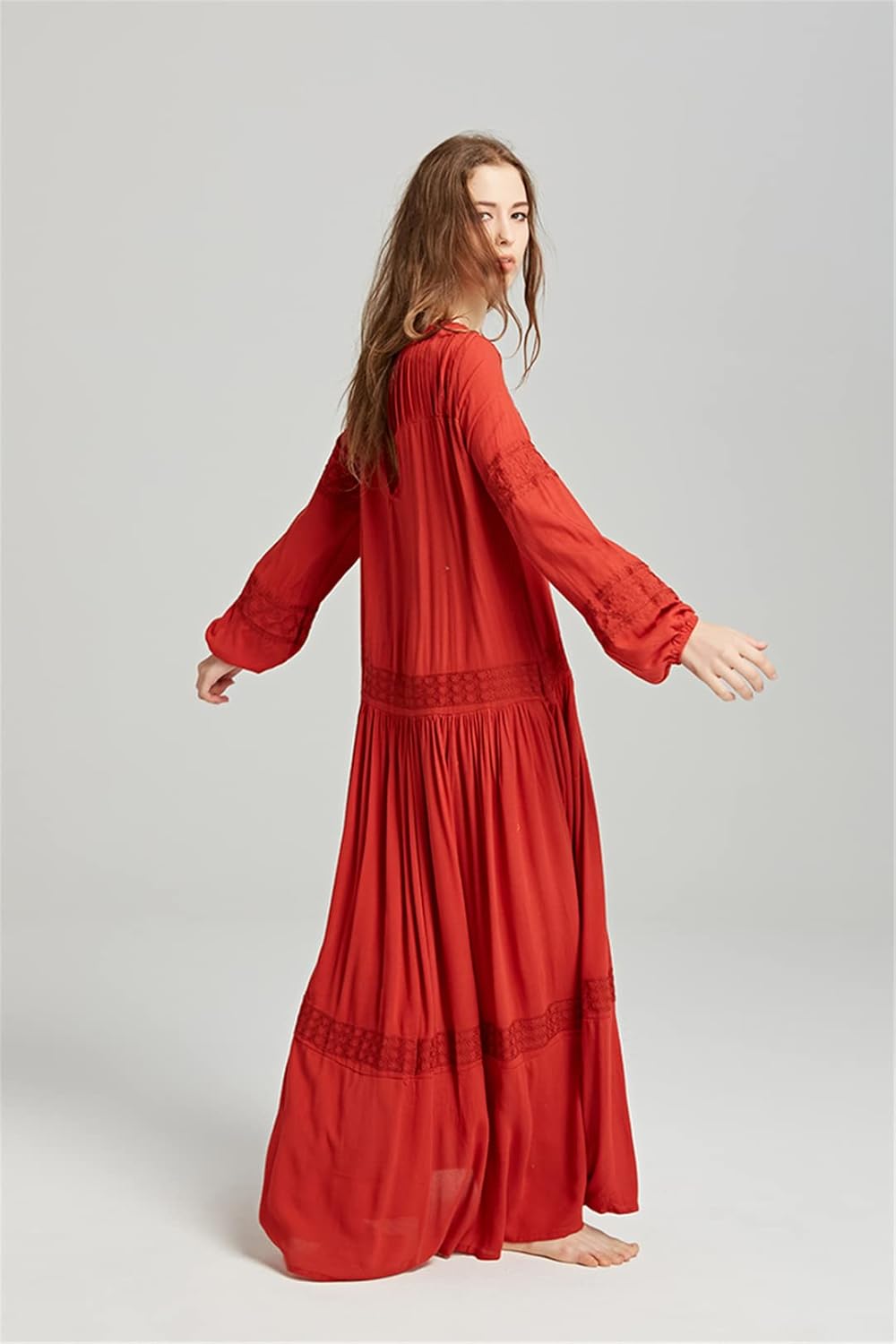 Ladies Long Sleeve Maxi Dress Tunic Embroidery V Neck Tassel Maxi Dress Casual Loose Bohemiann Dress - Image 6