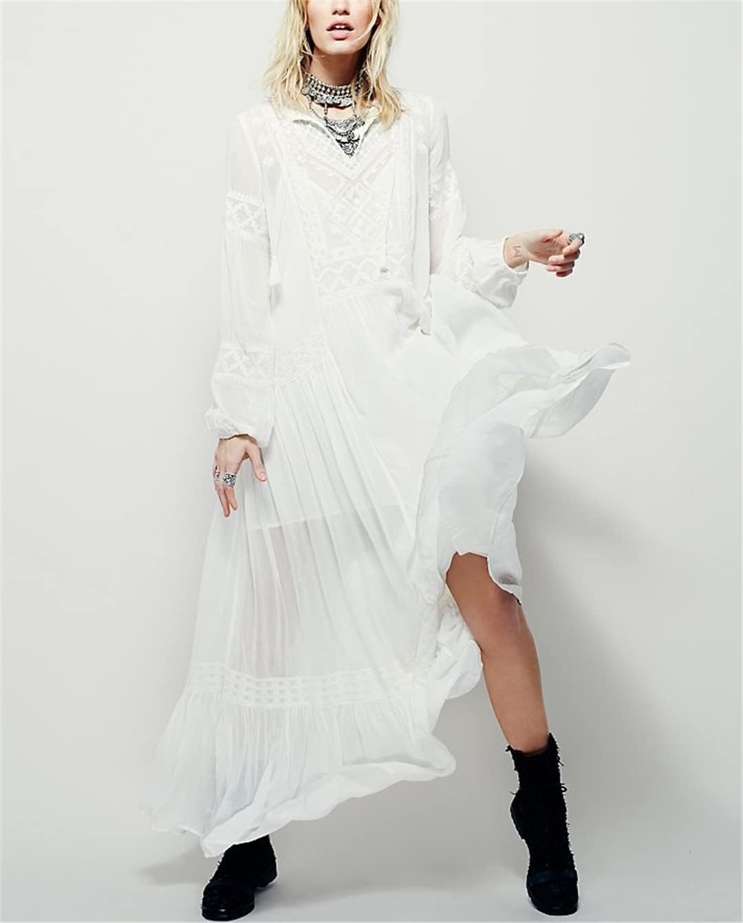 Ladies Long Sleeve Maxi Dress Tunic Embroidery V Neck Tassel Maxi Dress Casual Loose Bohemiann Dress - Image 2