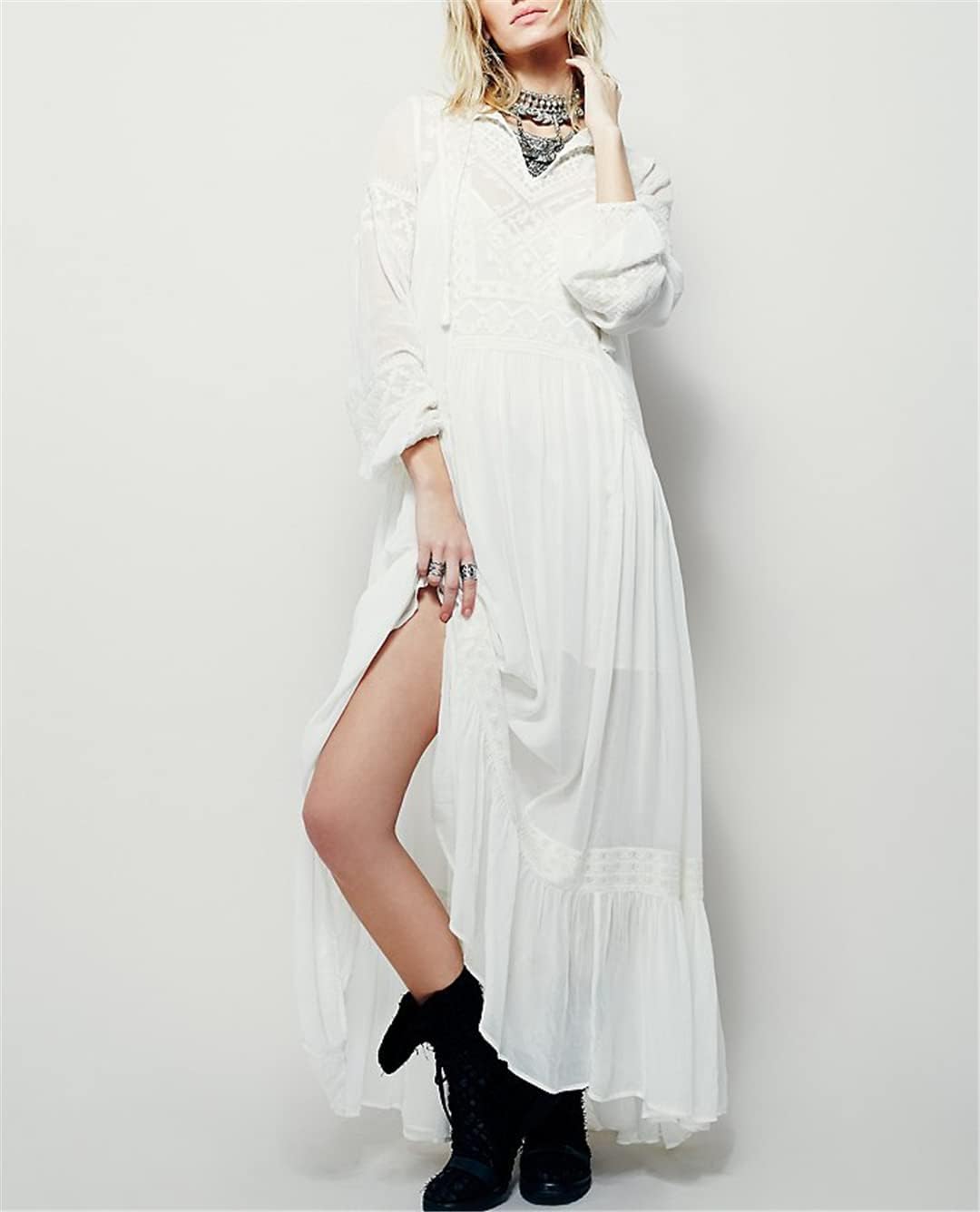 Ladies Long Sleeve Maxi Dress Tunic Embroidery V Neck Tassel Maxi Dress Casual Loose Bohemiann Dress - Image 3