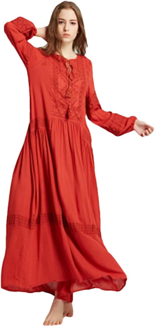 Ladies Long Sleeve Maxi Dress Tunic Embroidery V Neck Tassel Maxi Dress Casual Loose Bohemiann Dress