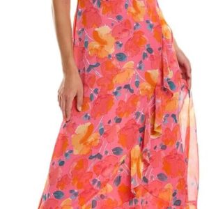 London Times Women's Dresses Floral Printed Cold Shoulder Faux Wrap Hi-Low Maxi Dress with Ruffle Details