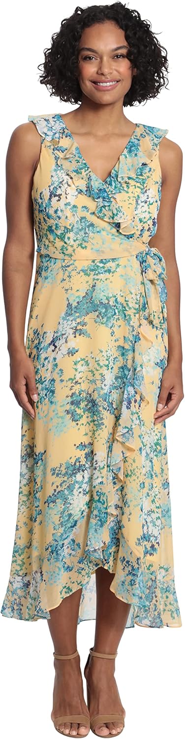 London Times Women's Dresses Ruffle V-Neck and Faux Wrap Maxi Dress