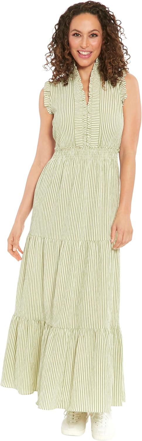 London Times Women's Smocked Waist Boho Flattering Ruffle Maxi