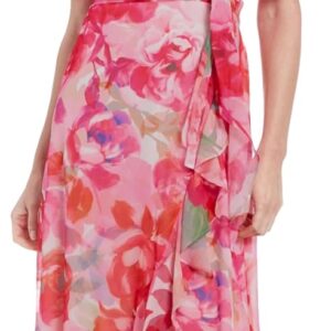 London Times Women's Watercolor Floral Wrap Maxi Elegant Chiffon Flutter Sleeve Asymmetrical Hem Cocktail Dresses