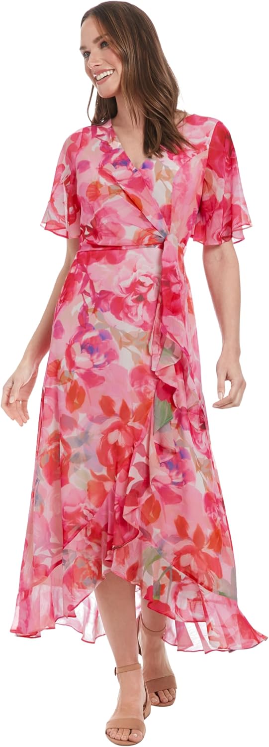 London Times Women's Watercolor Floral Wrap Maxi Elegant Chiffon Flutter Sleeve Asymmetrical Hem Cocktail Dresses - Image 4