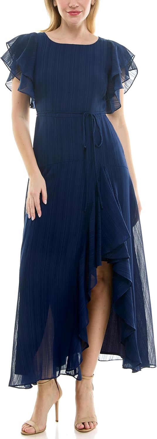 Maison Tara Women's Flutter Sleeve Drop Yoke Maxi Dress with Side Slit