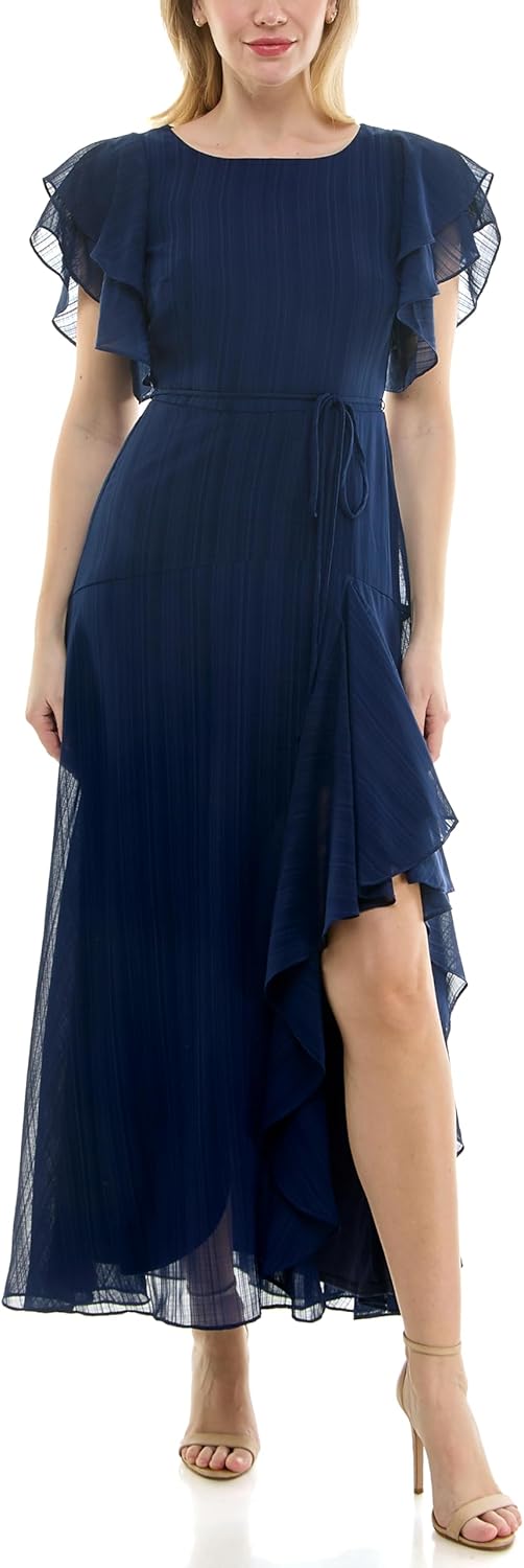 Maison Tara Women's Flutter Sleeve Drop Yoke Maxi Dress with Side Slit - Image 5