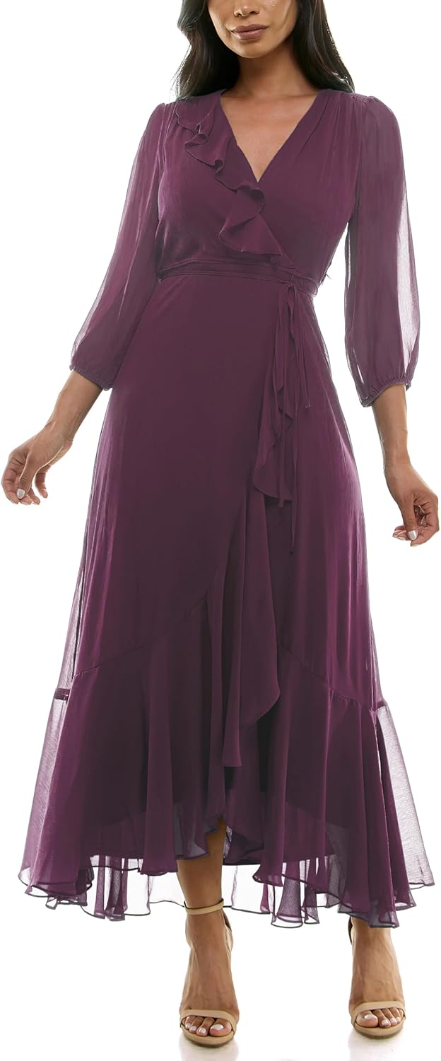 Maison Tara Women's V-Neck Ruffle Faux Wrap Maxi Dress