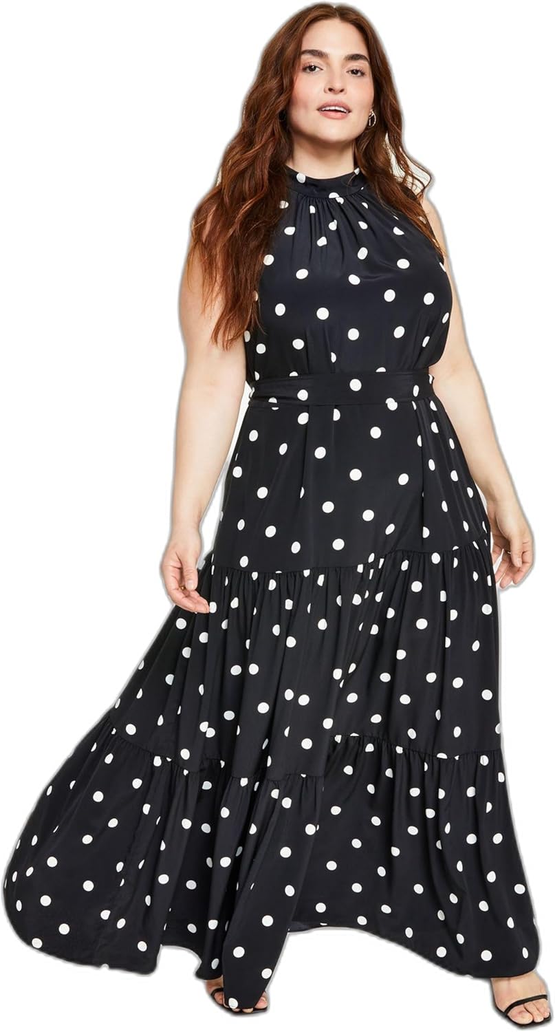 Plus Size Printed Tiered Tie Neck Maxi Dress Anne Black/Anne White 18W