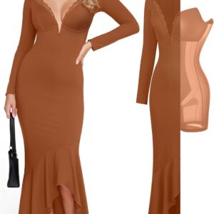 Popilush Long Sleeve Cocktail Dress for Women Shapewear Tummy Control Party Dresses Deep V Neck Lace Mermaid Maxi Dress