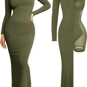 Popilush Long Sleeve Maxi Dress Fall Formal Cocktail Dresses for Women Shapewear Tummy Control Bodycon Dress Built-in Bra