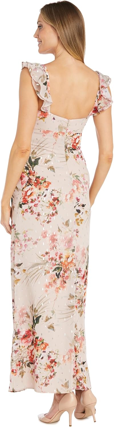 R&M Richards Long Floral Print Chiffon Dress W\/Flutter Sleeves & Cowl Neck - Image 3