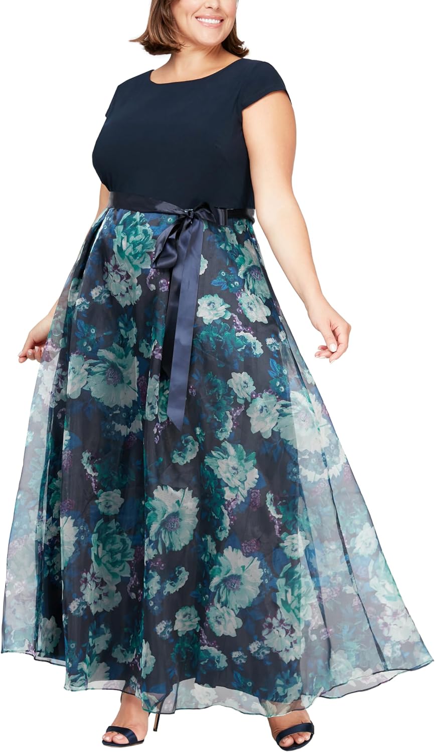 S.L. Fashions Women's Long Floral Print Sleeveless Special Occasion Dress with Removable Satin Belt (Plus Size)