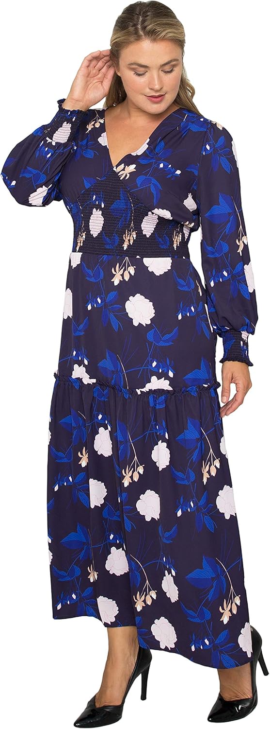 Standards & Practices Plus Size Women's Floral-Print Smocked Waist Long Sleeve Maxi Dress