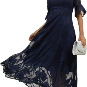 Summer Maxi Dresses for Women 2025 Casual Flutter Sleeve V Neck Cocktail Dress Smocked Elegant Ruffle A-Line Flowy Lace Dress