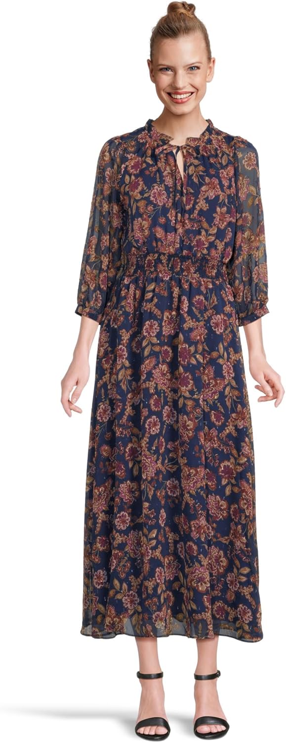 Vince Camuto Women's 3\/4 Puff Sleeve Tie Neck Maxi Dress