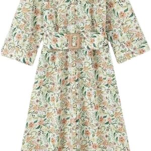 Women Floral Maxi Dress Long Sleeve V-Neck A-Line Belted Pullover Dress Boho Fall Ladies Casual Beach