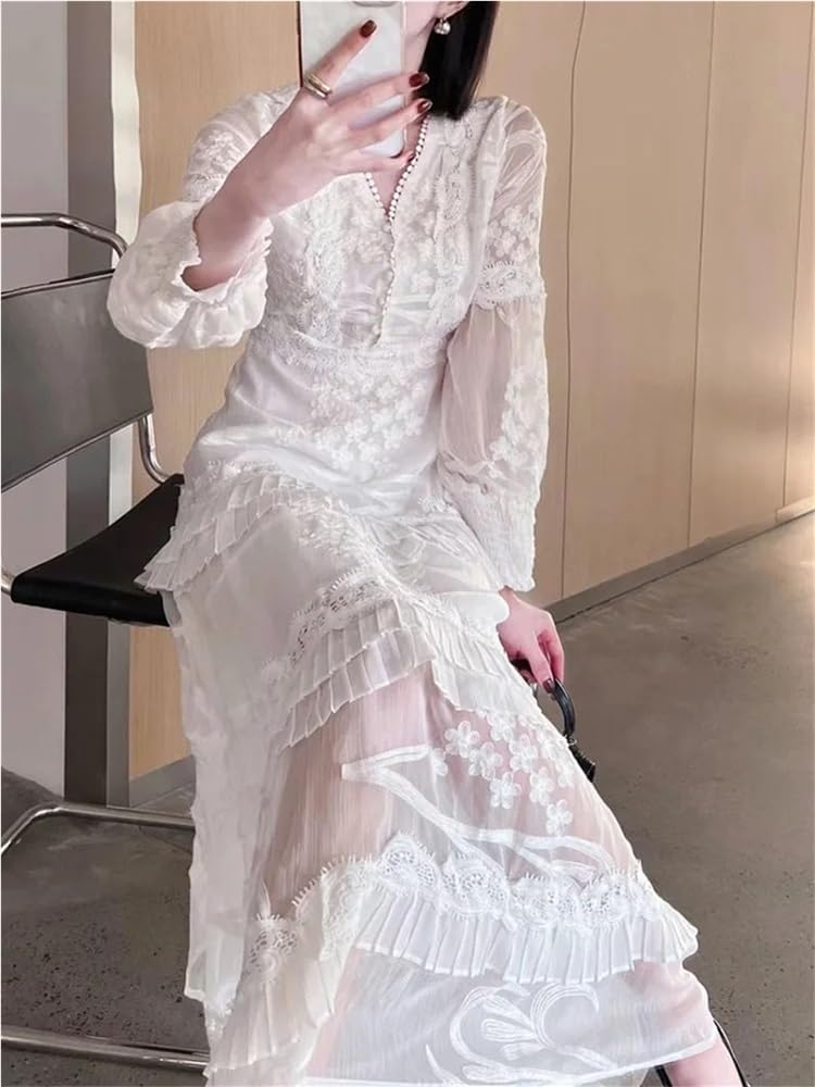 Women Lace Maxi Dress Long Sleeve Solid Color Spring Summer Holiday Dress - Image 2