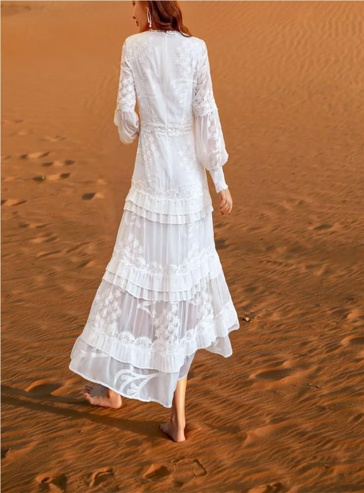 Women Lace Maxi Dress Long Sleeve Solid Color Spring Summer Holiday Dress - Image 4