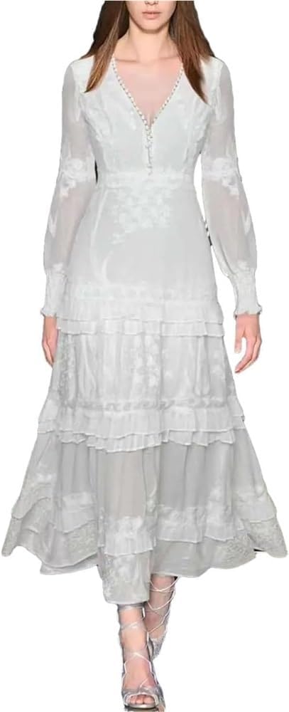 Women Lace Maxi Dress Long Sleeve Solid Color Spring Summer Holiday Dress