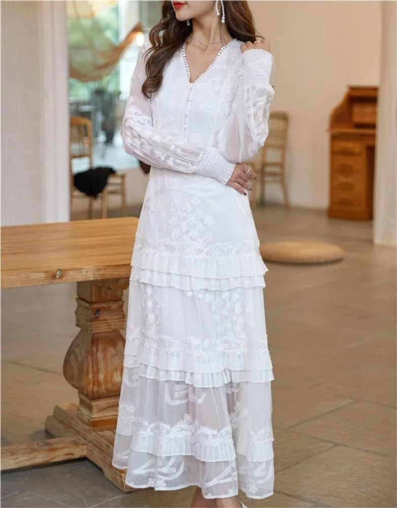 Women Lace Maxi Dress Long Sleeve Solid Color Spring Summer Holiday Dress - Image 3