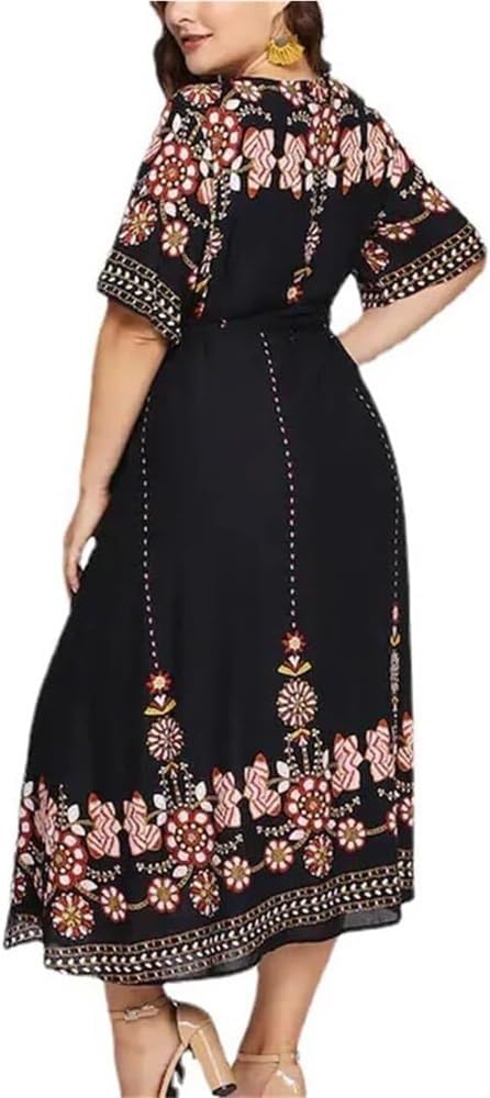 Women V-Neck Long Sleeve Printed Cotton Dress High Waist Loose Pullover Maxi Dress(5X-L) Navy - Image 4