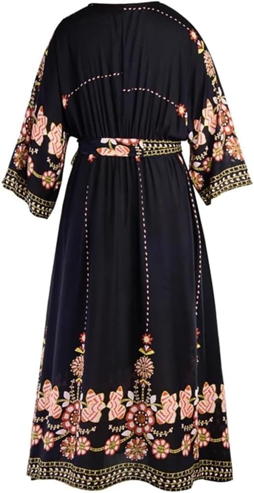 Women V-Neck Long Sleeve Printed Cotton Dress High Waist Loose Pullover Maxi Dress(5X-L) Navy - Image 2