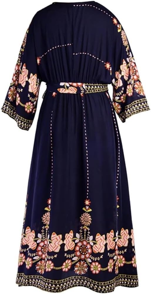 Women V-Neck Long Sleeve Printed Cotton Dress High Waist Loose Pullover Maxi Dress(5X-L) Navy - Image 3
