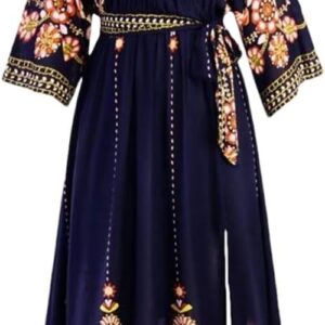 Women V-Neck Long Sleeve Printed Cotton Dress High Waist Loose Pullover Maxi Dress(5X-L) Navy